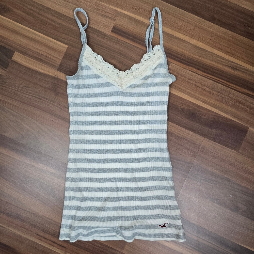 Vintage Hollister Y2K Cami Top Striped Lace Trim Cami Tank Gray White Small